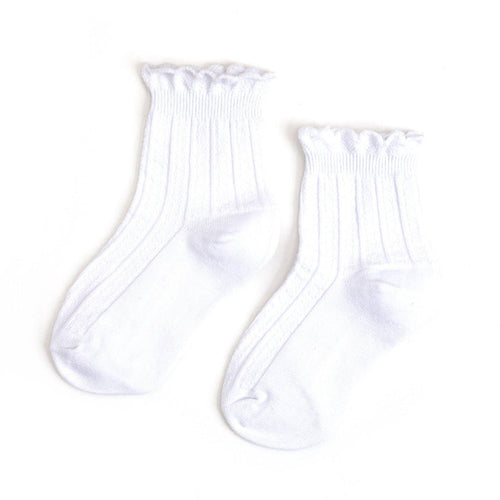 The White Frill Midi Socks by Little Stocking Co. feature a ribbed texture, scalloped frill trim cuffs, and are made from soft cotton, shown on a plain white background.