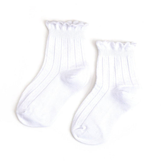 The White Frill Midi Socks by Little Stocking Co. feature a ribbed texture, scalloped frill trim cuffs, and are made from soft cotton, shown on a plain white background.