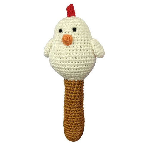 White Hen Stick Hand Crocheted Rattle