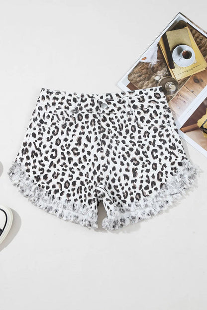 White Leopard Frayed Hem Denim Shorts - Bottoms/Denim