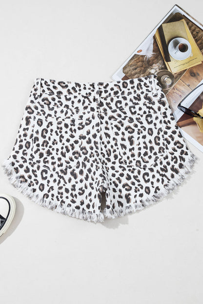 White Leopard Frayed Hem Denim Shorts - Bottoms/Denim