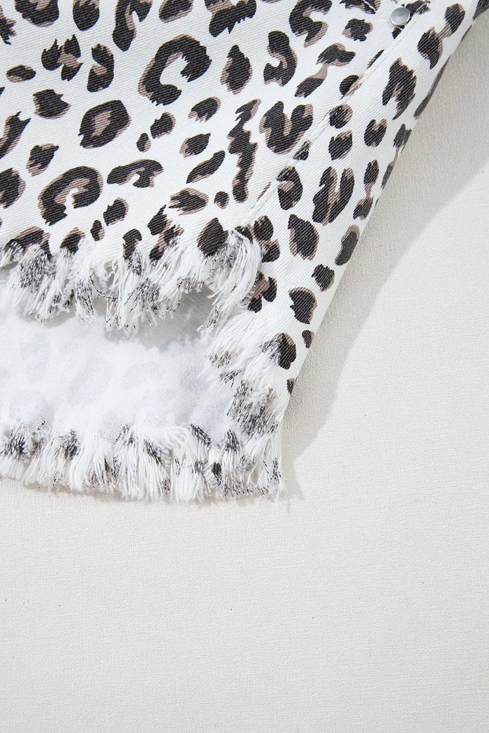 White Leopard Frayed Hem Denim Shorts - Bottoms/Denim