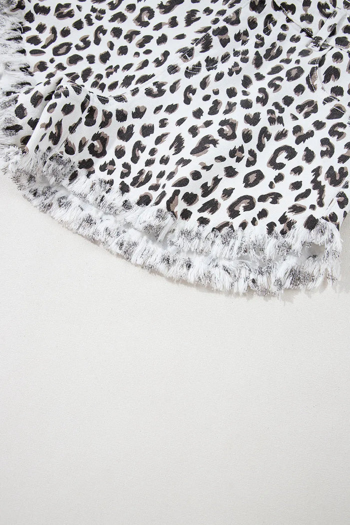 White Leopard Frayed Hem Denim Shorts - Bottoms/Denim
