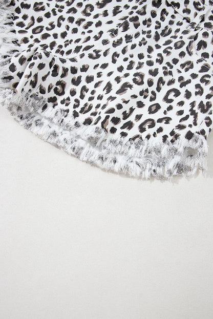 White Leopard Frayed Hem Denim Shorts - Bottoms/Denim