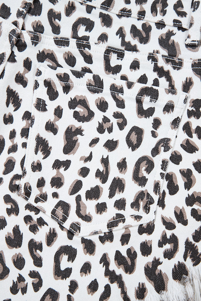 White Leopard Frayed Hem Denim Shorts - Bottoms/Denim