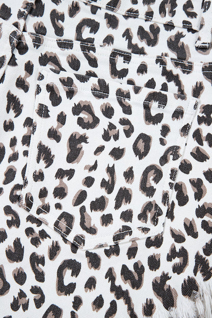 White Leopard Frayed Hem Denim Shorts - Bottoms/Denim