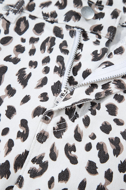 White Leopard Frayed Hem Denim Shorts - Bottoms/Denim