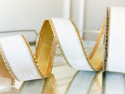 White Lush Velvet Ribbon With Jewel Edge