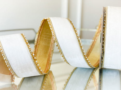 White Lush Velvet Ribbon With Jewel Edge