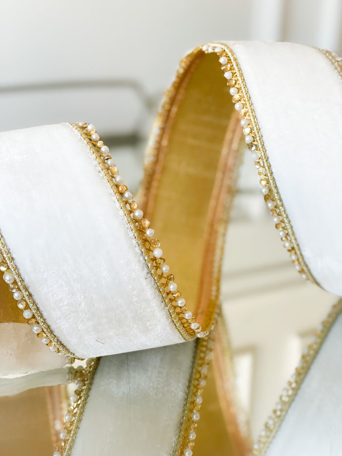 White Lush Velvet Ribbon With Jewel Edge