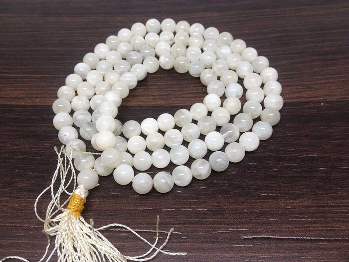 White Rainbow Moonstone Mala With 108 Prayer Beads.