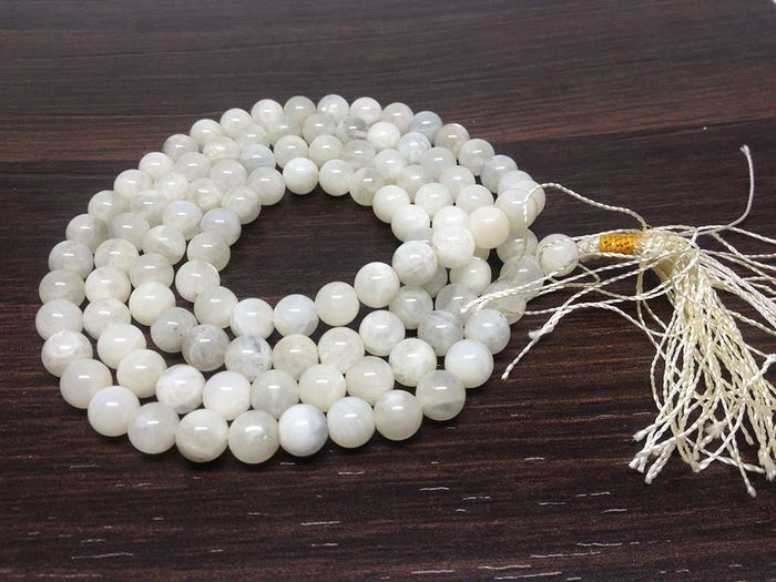 White Rainbow Moonstone Mala With 108 Prayer Beads.