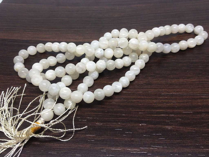 White Rainbow Moonstone Mala With 108 Prayer Beads.