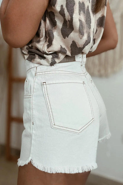 White Raw Hem High Waist Denim Shorts - Bottoms/Denim