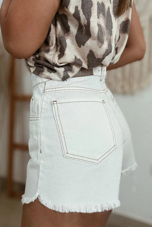 White Raw Hem High Waist Denim Shorts - Bottoms/Denim