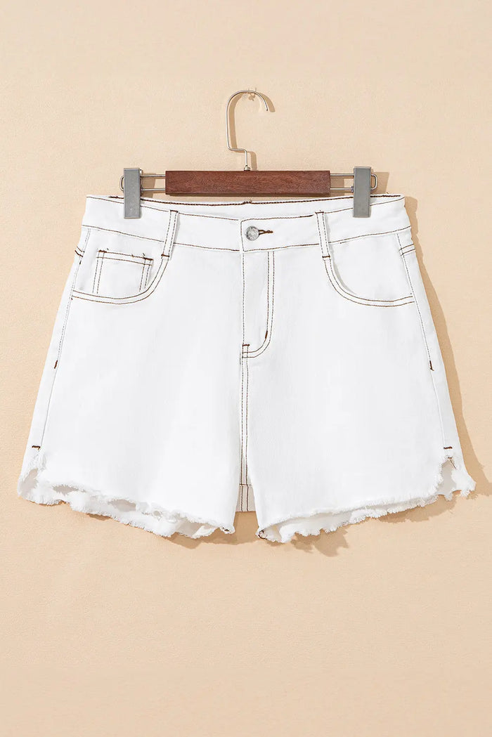 White Raw Hem High Waist Denim Shorts - Bottoms/Denim