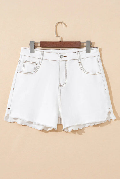 White Raw Hem High Waist Denim Shorts - Bottoms/Denim
