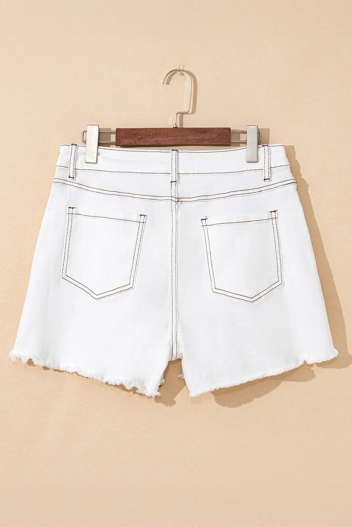 White Raw Hem High Waist Denim Shorts - Bottoms/Denim