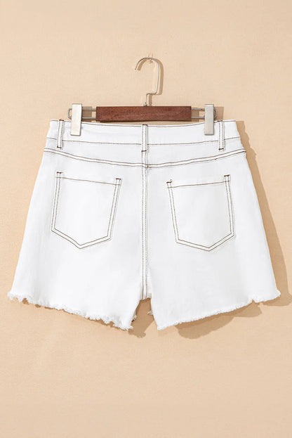 White Raw Hem High Waist Denim Shorts - Bottoms/Denim