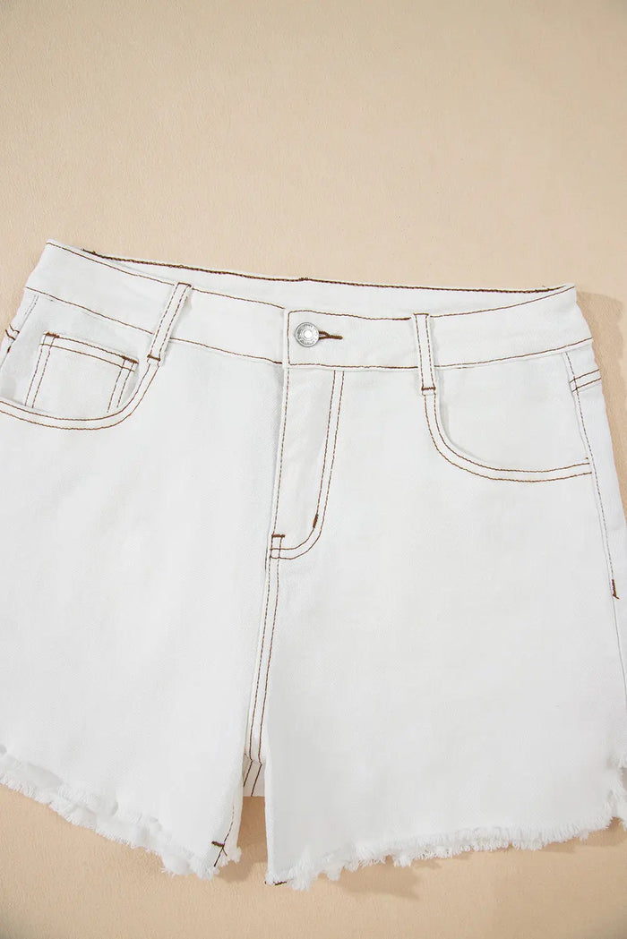 White Raw Hem High Waist Denim Shorts - Bottoms/Denim
