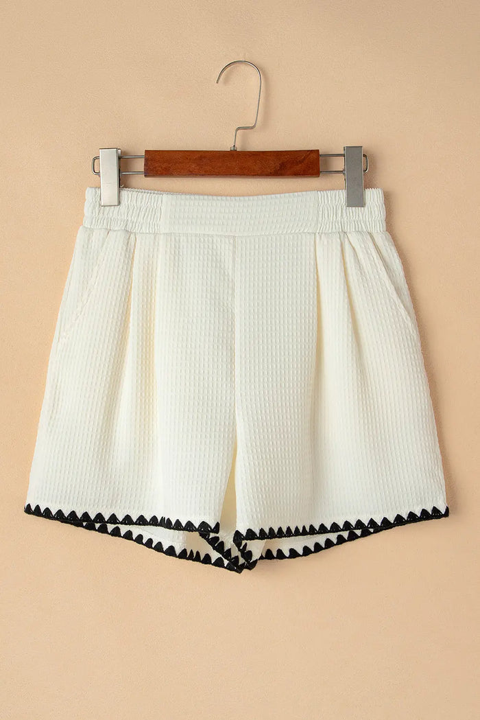 White Waffle Texture Contrast Ricrac Hemline Casual Shorts - Bottoms/Casual