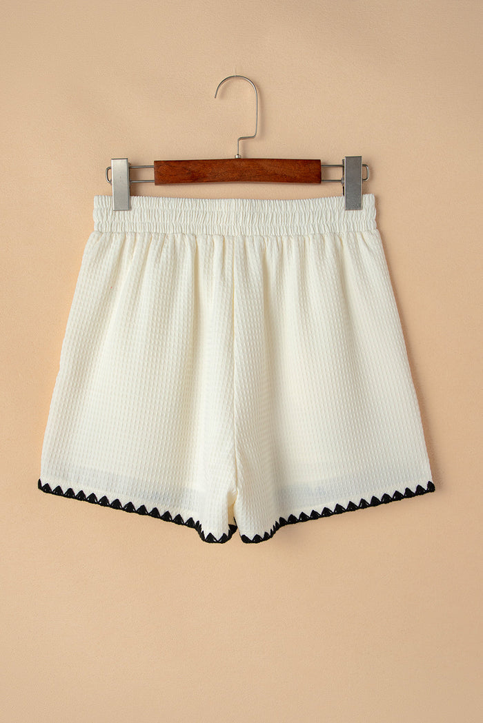White Waffle Texture Contrast Ricrac Hemline Casual Shorts - Bottoms/Casual