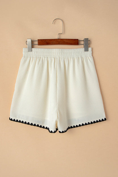 White Waffle Texture Contrast Ricrac Hemline Casual Shorts - Bottoms/Casual