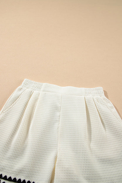 White Waffle Texture Contrast Ricrac Hemline Casual Shorts - Bottoms/Casual
