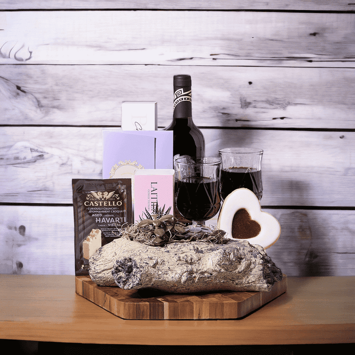 Wine, Chocolate, & Cheese for Two Gift Set, Wine - Bottle of Wine : This gift includes a bottle of red wine. Macarons - LaitiAre Assorted Macaron Box : These assorted macarons from LaitiAre are a delicious and gourmet indulgence. Cutting Board - Hexagonal Acacia End Grain Cutting Board.