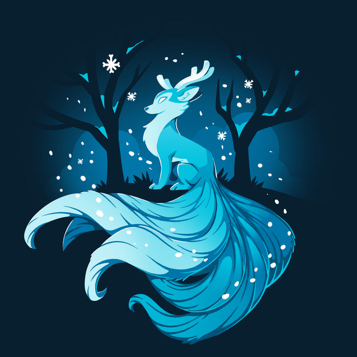 Premium Cotton T-shirt_TeeTurtle navy blue Winter Kitsune featuring a blue, fox-like creature with antlers, long tails, and a flowing mane sitting in a snowy forest with bare trees.