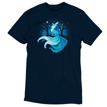 Premium Cotton T-shirt_TeeTurtle navy blue Winter Kitsune featuring a blue, fox-like creature with antlers, long tails, and a flowing mane sitting in a snowy forest with bare trees.