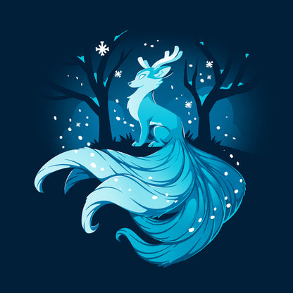Classic Cotton T-shirt_TeeTurtle navy blue Winter Kitsune featuring a blue, fox-like creature with antlers, long tails, and a flowing mane sitting in a snowy forest with bare trees.