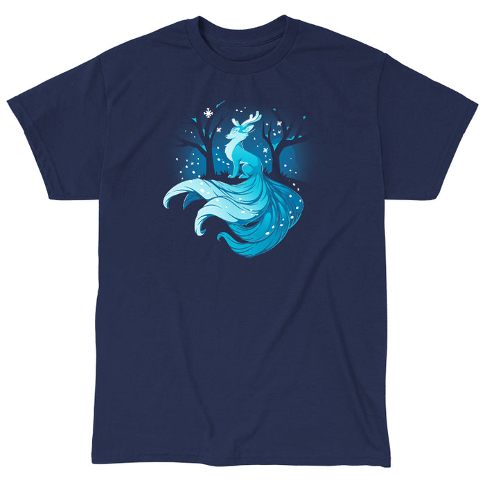Classic Cotton T-shirt_TeeTurtle navy blue Winter Kitsune featuring a blue, fox-like creature with antlers, long tails, and a flowing mane sitting in a snowy forest with bare trees.