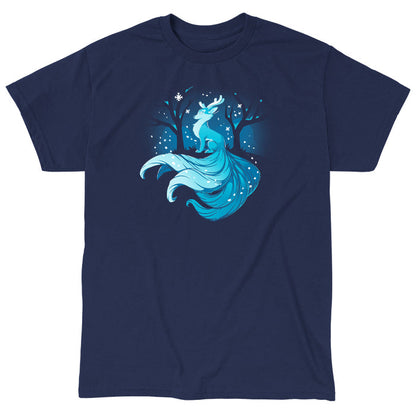 Classic Cotton T-shirt_TeeTurtle navy blue Winter Kitsune featuring a blue, fox-like creature with antlers, long tails, and a flowing mane sitting in a snowy forest with bare trees.