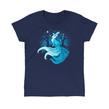 Classic Cotton T-shirt_TeeTurtle navy blue Winter Kitsune featuring a blue, fox-like creature with antlers, long tails, and a flowing mane sitting in a snowy forest with bare trees.