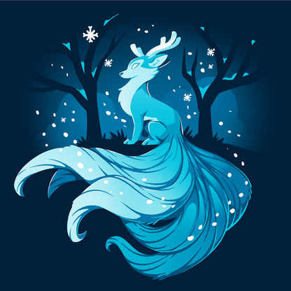 Long Sleeve T-shirt_TeeTurtle navy blue Winter Kitsune featuring a blue, fox-like creature with antlers, long tails, and a flowing mane sitting in a snowy forest with bare trees.