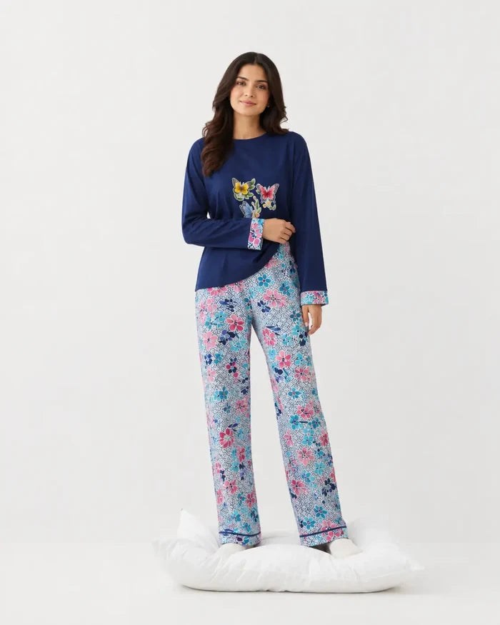 Women's Navy Blue Floral Jersey Cotton Pajama Set  Relaxed Fit