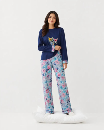Women's Navy Blue Floral Jersey Cotton Pajama Set  Relaxed Fit
