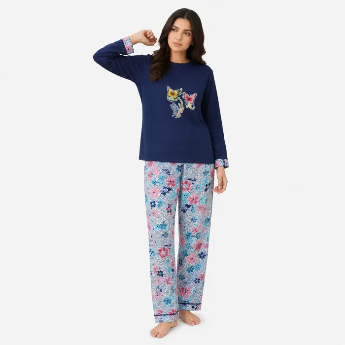 Women's Navy Blue Floral Jersey Cotton Pajama Set  Relaxed Fit - Hinz Clothing