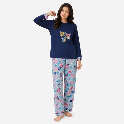 Women's Navy Blue Floral Jersey Cotton Pajama Set  Relaxed Fit - Hinz Clothing