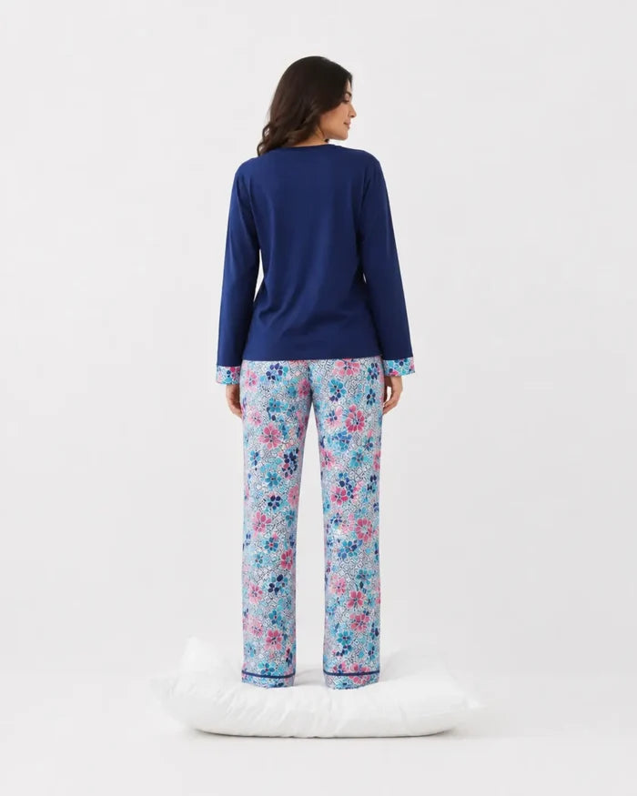Women's Navy Blue Floral Jersey Cotton Pajama Set  Relaxed Fit - Hinz Clothing