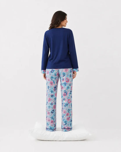 Women's Navy Blue Floral Jersey Cotton Pajama Set  Relaxed Fit - Hinz Clothing
