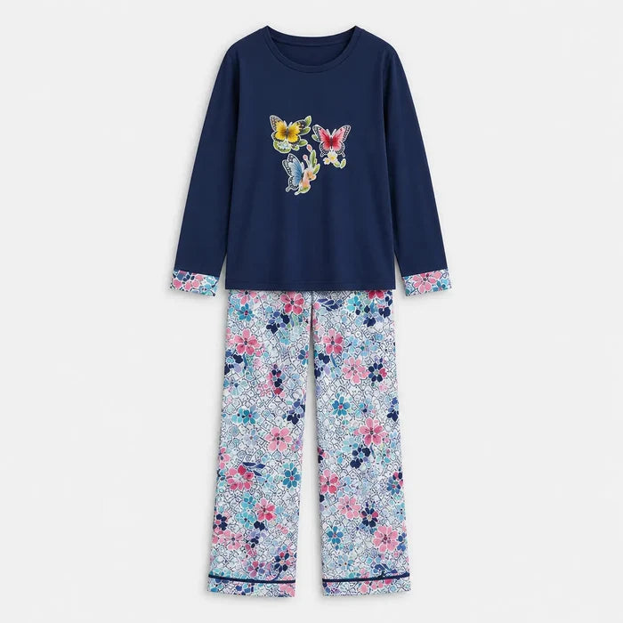 Women's Navy Blue Floral Jersey Cotton Pajama Set  Relaxed Fit - Hinz Clothing