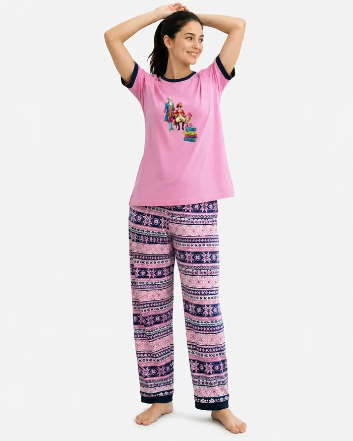 Women's Pink Jersey Cotton Pajama Set Soft Relaxed Fit