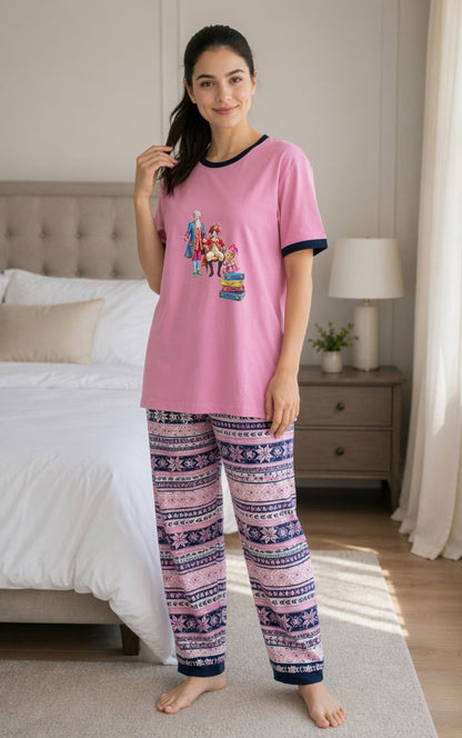 Women's Pink Jersey Cotton Pajama Set Soft Relaxed Fit