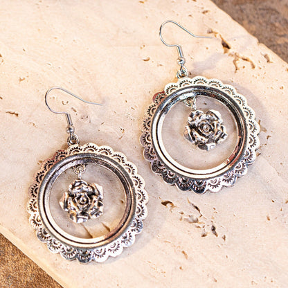 Wrangler Etched Circle Rose Dangling Earring (2 Colors) - 260 Broadway Boutique