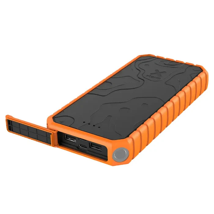 Xtorm XR202 Rugged Pro Water Resistant Power Bank showing the front and light with the port cover open on a white background