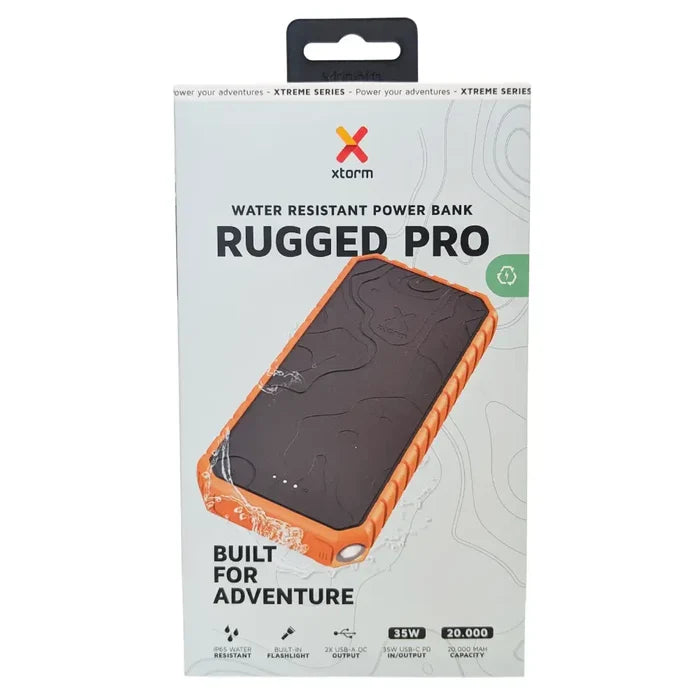 Packaging front of a Xtorm XR202 Rugged Pro Water Resistant Power Bank on a  white background