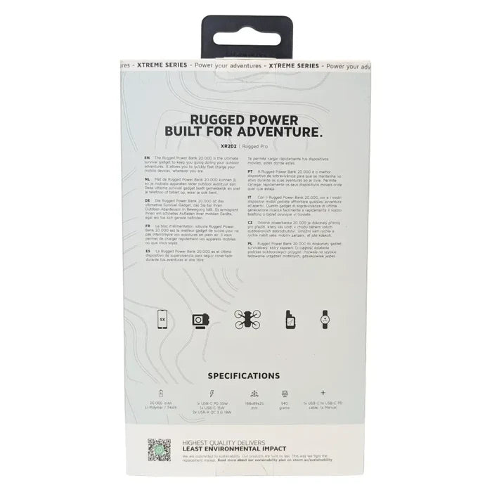 Packaging reverse of a Xtorm XR202 Rugged Pro Water Resistant Power Bank on a  white background