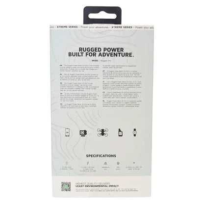 Packaging reverse of a Xtorm XR202 Rugged Pro Water Resistant Power Bank on a  white background